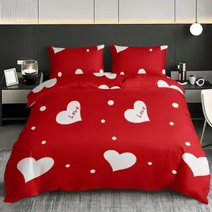 3pc red and white heart-shaped polka dot bedding set, Breathable duvet set, includes 1 duvet cover & 2 pillowcases, without a core, with multiple sizes, suitable for bedrooms, dormitories, guest rooms