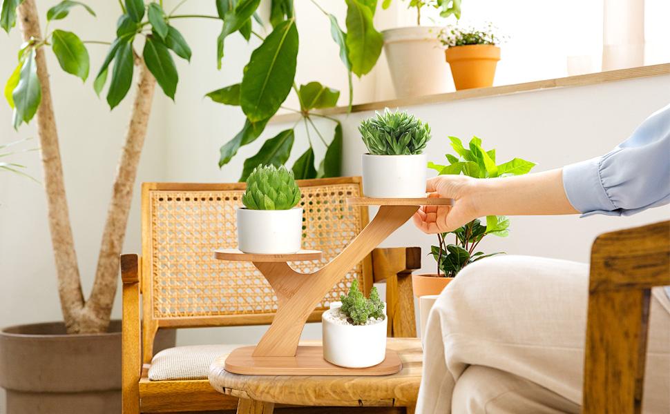 3-Tier Bamboo Succulent Planter Set - Aesthetic Desk Plant Stand Gift with 3 Ceramic Pots