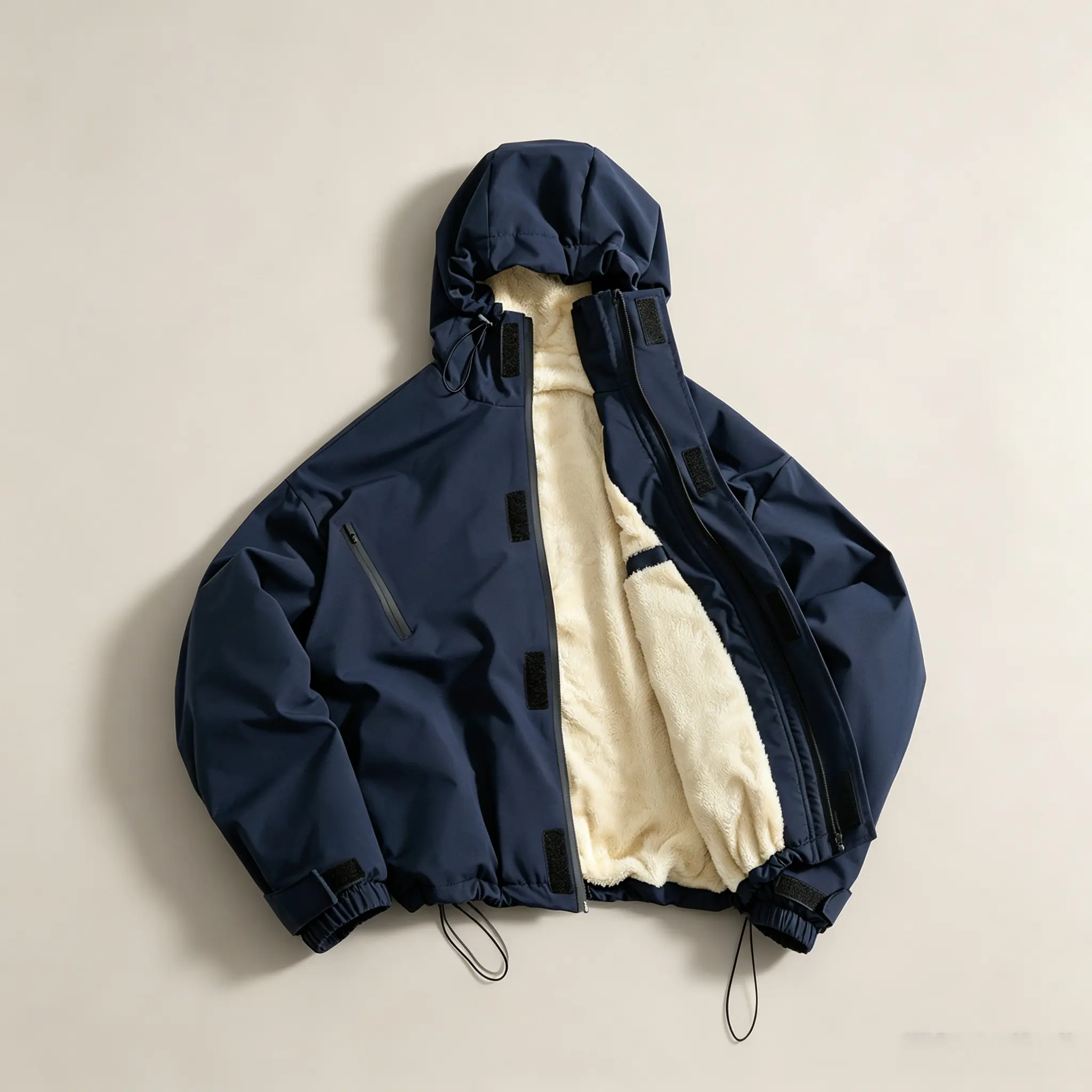 Men’s outdoor workwear-style fleece hooded softshell jacket—functional casual design, wear-resistant and windproof for autumn/winter warmth. Thick plush lining locks heat effectively for harsh outdoor conditions. Wear-resistant fabric suitable for complex