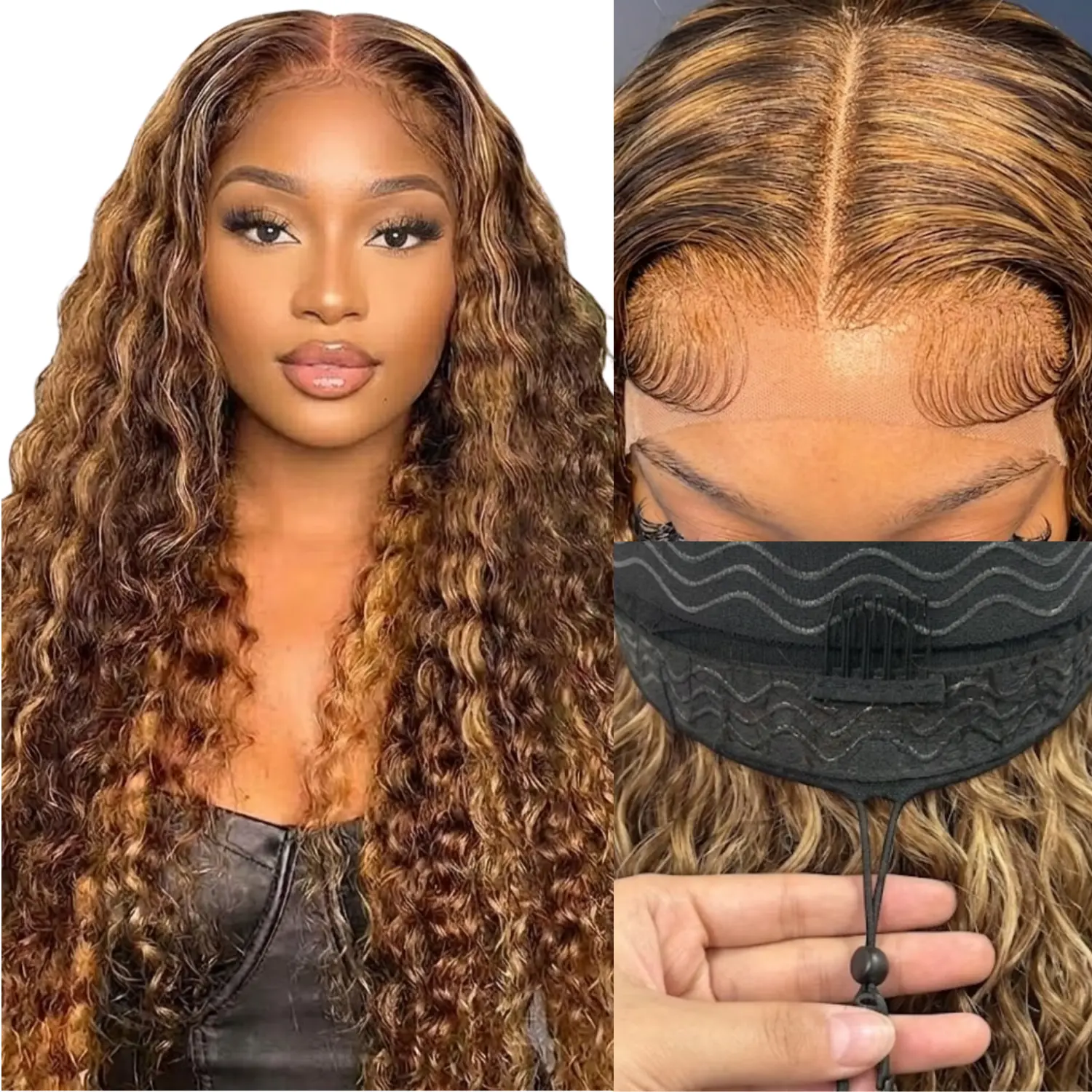 Highlight Ombre Deep Wave Wig 5x5 Glueless Wigs Human Hair 24Inch Drawstring Wig Pre Plucked Hairline, 200% Density, HD Lace Closure Wigs for Black Women, Wear and Go Glueless Wigs Human Hair