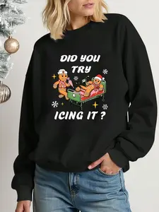 Women's Nurse Gingerbread Man & Letter Print Round Neck Drop Shoulder Sweatshirt, Casual Long Sleeve Pullover for Fall & Winter, Women's Clothes for Daily Wear