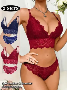 2pcs Unique Crochet Lace Underwear Lingerie Bra Set  Double Spaghetti Strap Lift Design, Lightweight Support  No Pressure, Show Your Natural Shape