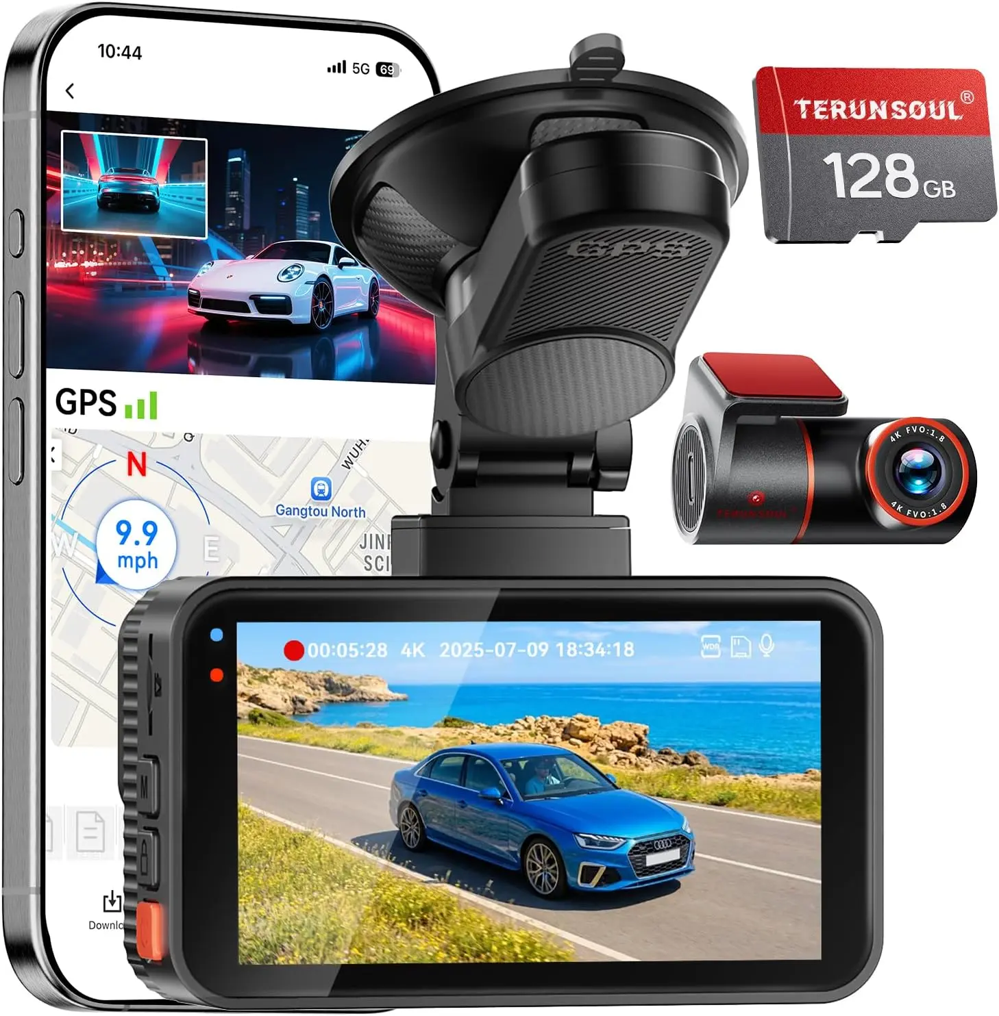 TERUNSOUL  4K Dual Front and Rear Dash Cam, Free 128GB Card Included, 5.8GHz WiFi Car Camera with Built-in GPS, G-Sensor, 170° Wide Angle, 3" IPS Screen, 24H Parking Mode dashcam
