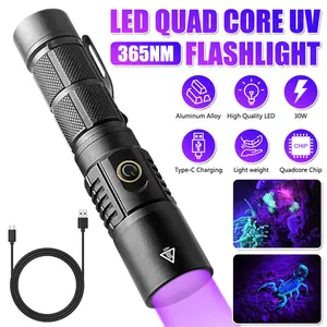 30W 365nm UV Blacklight Flashlight - High-Intensity Ultraviolet Light for Invisible Ink, Resin Curing, Pet Stain Detection, and Fluorescent Inspection - Rechargeable Handheld Torch with 18650 Battery and TYPE-C USB Charging