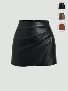 Women's American Vintage Sexy Bodycon Solid Color PU Mini Skirt Bottom, Versatile For All Seasons