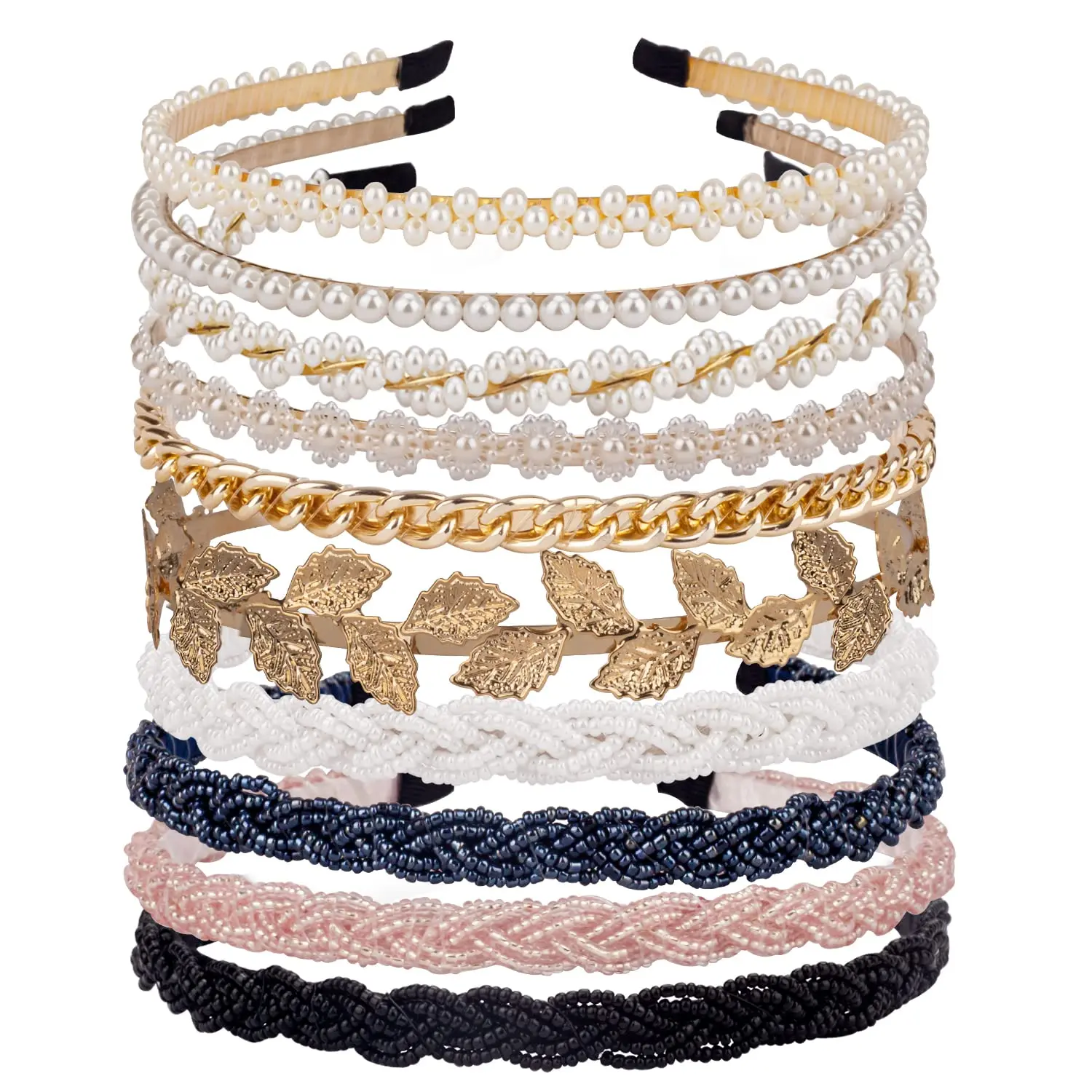 Women's 10-Pack Plain Fabric Elastic Assorted Bling Pearl Beaded No-Slip Metal Headbands, Fashion Hair Accessories for Females, Elastic Headbands, Assorted Bead Headbands