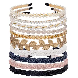 Women's 10-Pack Plain Fabric Pearl Beaded Headbands, No-Slip Metal Female Hair Accessories