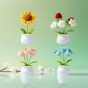 Handmade Crochet Flower Bouquet in Pot with Knitted Design and Fruit Decor Perfect Gift Home Decor Artificial Potted Flowers for Housewarming valentine romantic