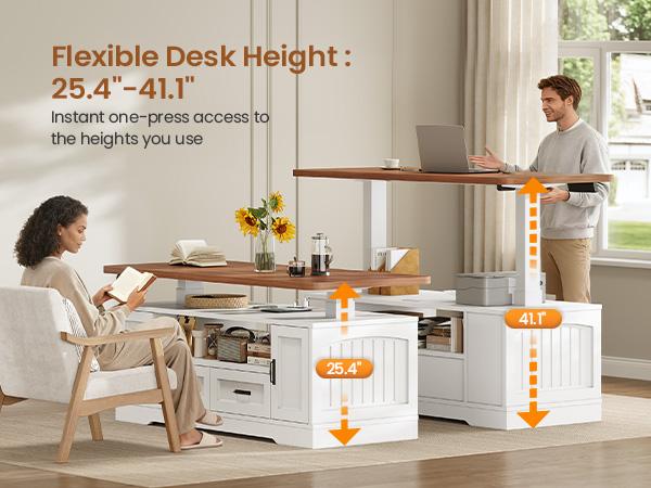 SEDETA 47.2" Electric Standing Coffee Table with Storage, Farmhouse Lift Top Coffee Table with Drawers and Open Shelves, Height Adjustable Tables with Power Outlet, for Living Room