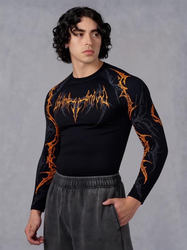 Men's Professional Sports Quick-Dry Fitness Shirt, Gothic Print Long Sleeve, High Elasticity, Round Neck, Moisture-Wicking, Running, Training, Daily Wear, Gym Workout Shirt