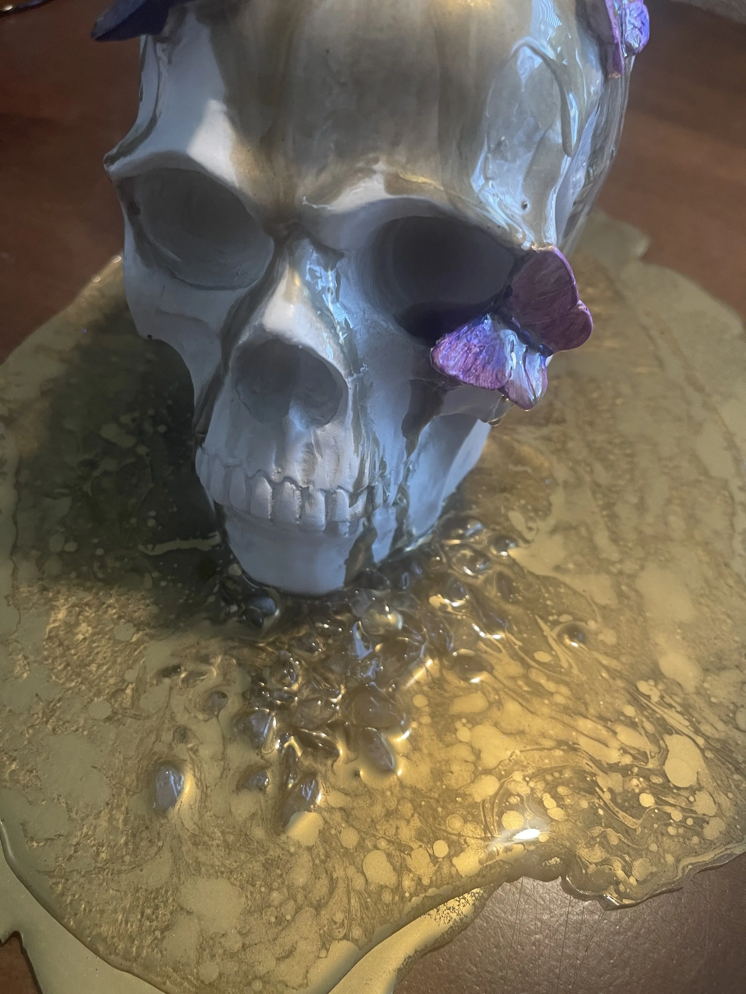 HealingArtbyJen Clear Quartz Crystal Resin Skull with Butterflies and Gold Embellishments