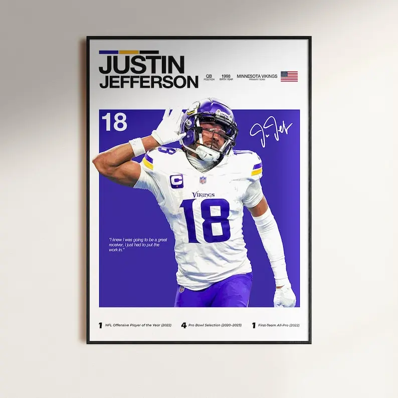 Justin Jefferson Poster, Football Receiver Wall Art, Minnesota Star Print, Sports Decor Gift for Fans (Frame Not Included)