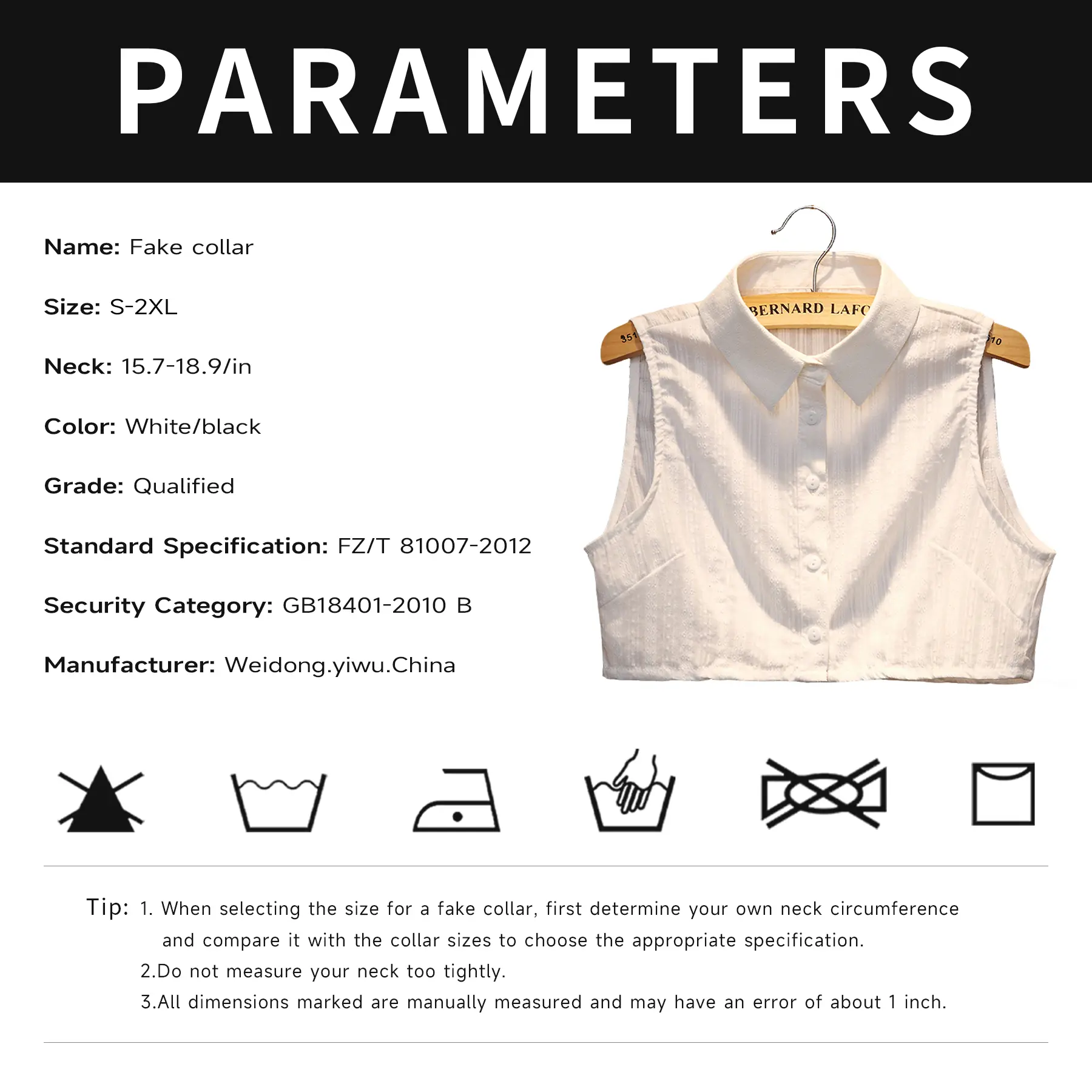 Ladies' decorative fakes collar, a pure cotton white collar, is available in multiple size specifications, including M, L, XL and 2XL. It can be matched with various coats and is suitable for wearing on all kinds of occasions. Ladies' decorative fakes collar, a pure cotton white collar, is available in multiple size specifications, including M, L, XL and 2XL. It can be matched with various coats and is suitable for wearing on all kinds of occasions.