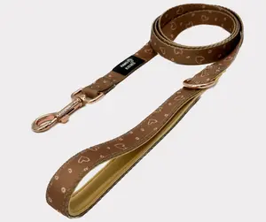 Hearts & Kisses Leash - Brown Dog Leash with Heart Pattern, Adjustable Buckle, and Clasp
