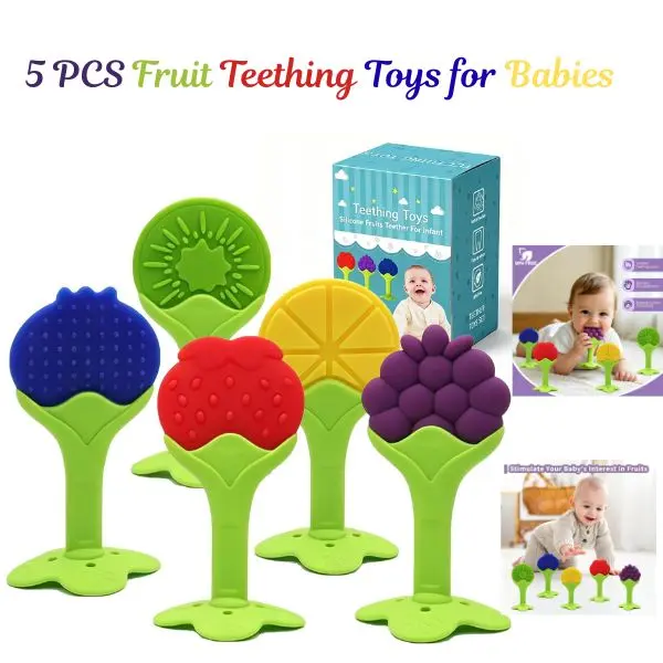 5 PCS Fruit-Shaped Silicone Rubber Teethers Set - BPA-Free, Freezer-Safe, Hand-Washable Baby Chewables, Cooling Gum Relief, Comfortable Grip for 3+ Months Infants, Baby Shower Gift