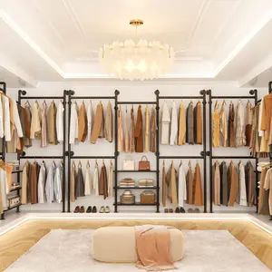 Unikito Industrial Pipe Wall Closet System, 3 Wooden Shelves and 5 Hanging Rods, Wall-Mounted Garment Rack for Small Spaces, Walk-in Closet, 1000 lb Capacity