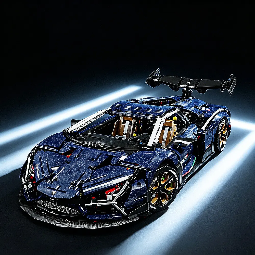 4100pcs Super Car Building Block Kit Model Set, Buildable Blocks Kit, Starry Blue Glossy Body, Low Profile Wide Body, Scissor Doors, Large Rear Wing, Perfect Gift