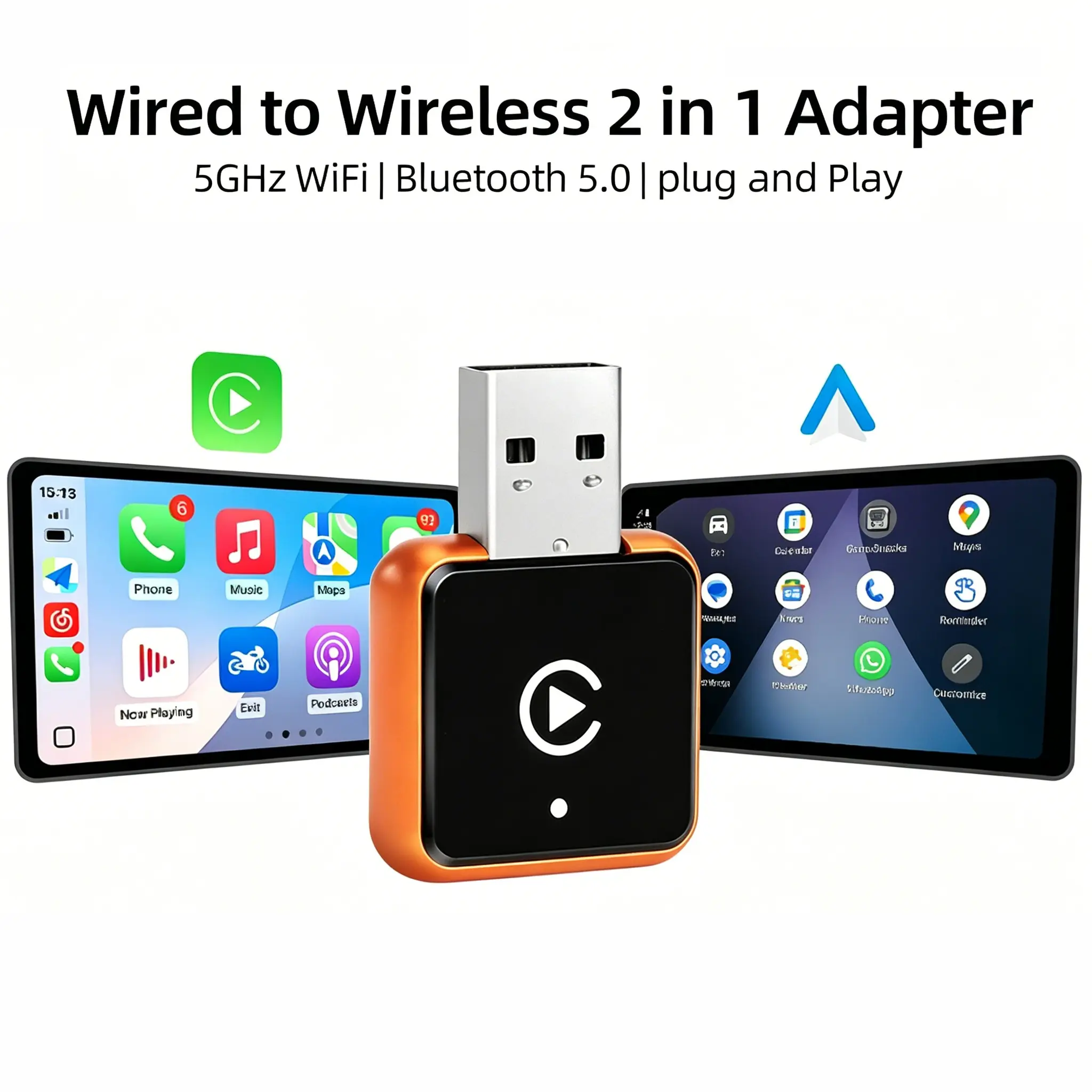 2026 Latest Glass Texture Dual Mode Wireless Carplay Adapter, Car Connectivity Adapter, Car Gadgets, Compatible with Apple and Android, Wired to Wireless Converter, Car Adapters