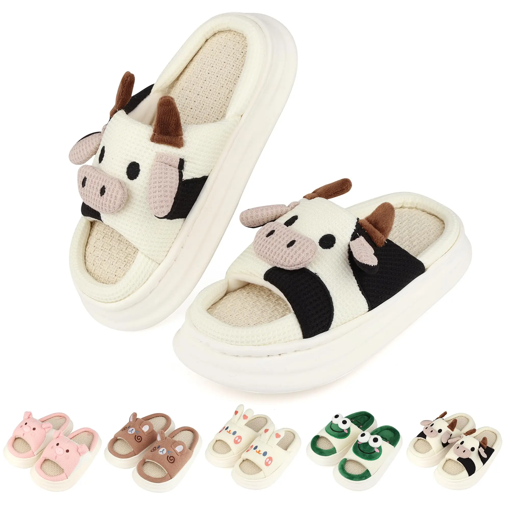 King Glory Kids Animal Slippers Women Cartoon Slippers Indoor Outdoor Cow Cotton Linen Cloud Slippers Home Shoes for Kids
