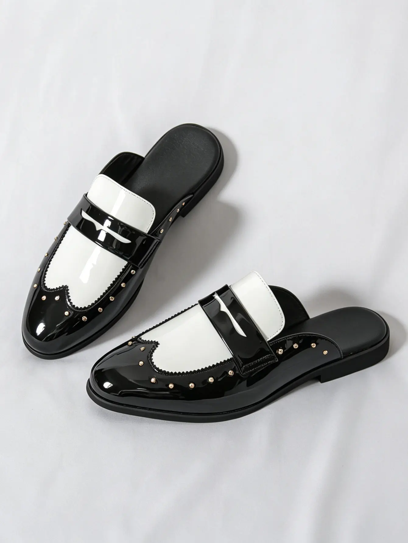 Women's Black & White Patent Leather Studded Mules - Slip-On Loafers for Casual Daily Wear