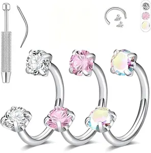 18G Titanium Horseshoe Nose Rings for Women, 6-8mm Hypoallergenic Septum Jewelry Set, Double CZ Horseshoe Piercing Hoops Surgical Steel Cartilage Helix Tragus Earring Labret Lip With Tool