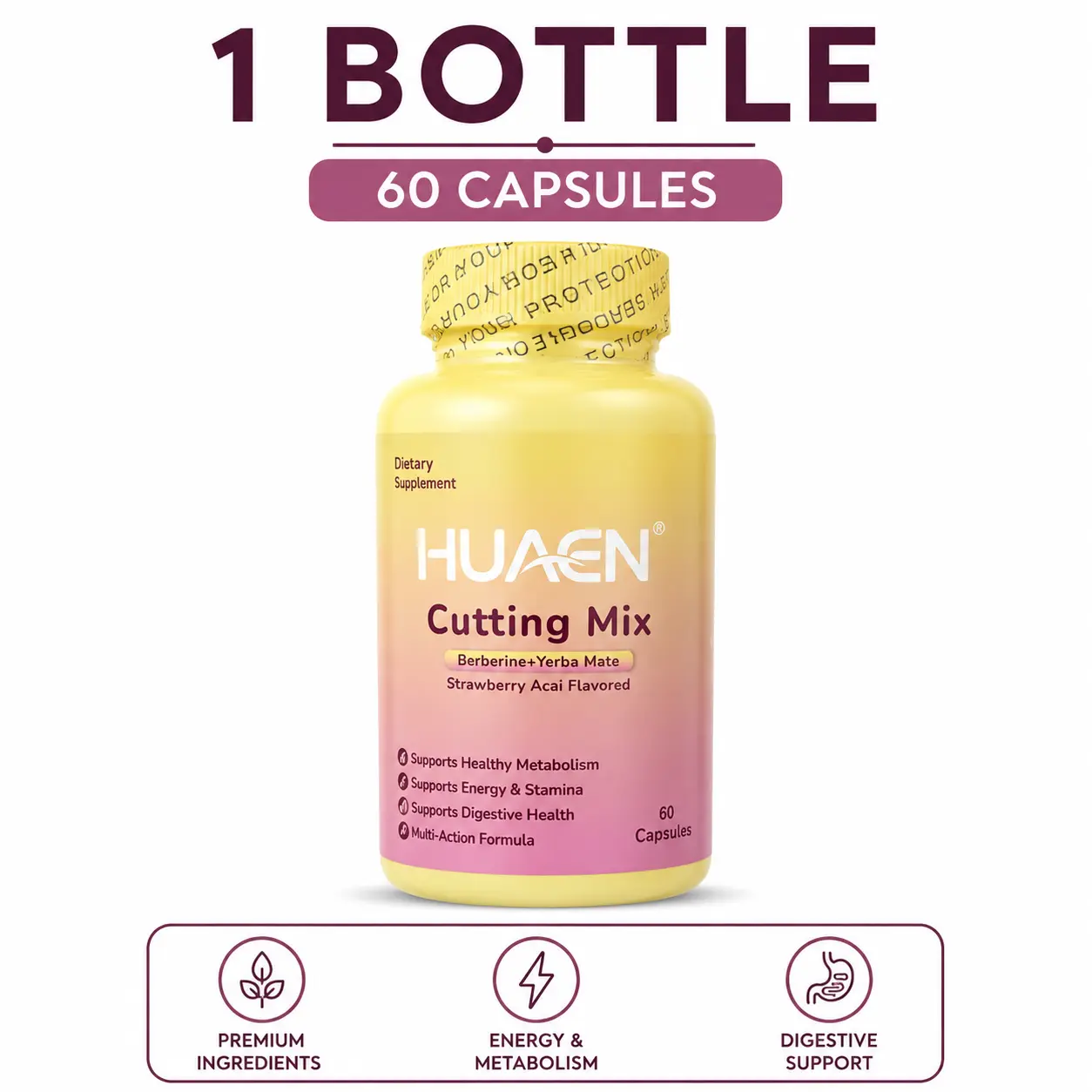 HUAEN Cutting Mix Plant Wellness Capsules | Berberine, Yerba Mate, 5-HTP, Magnesium & Chromium Blend Boost Metabolism, Energy & Gut Health, Strawberry Acai Flavor Daily Supplement, 60 Capsules