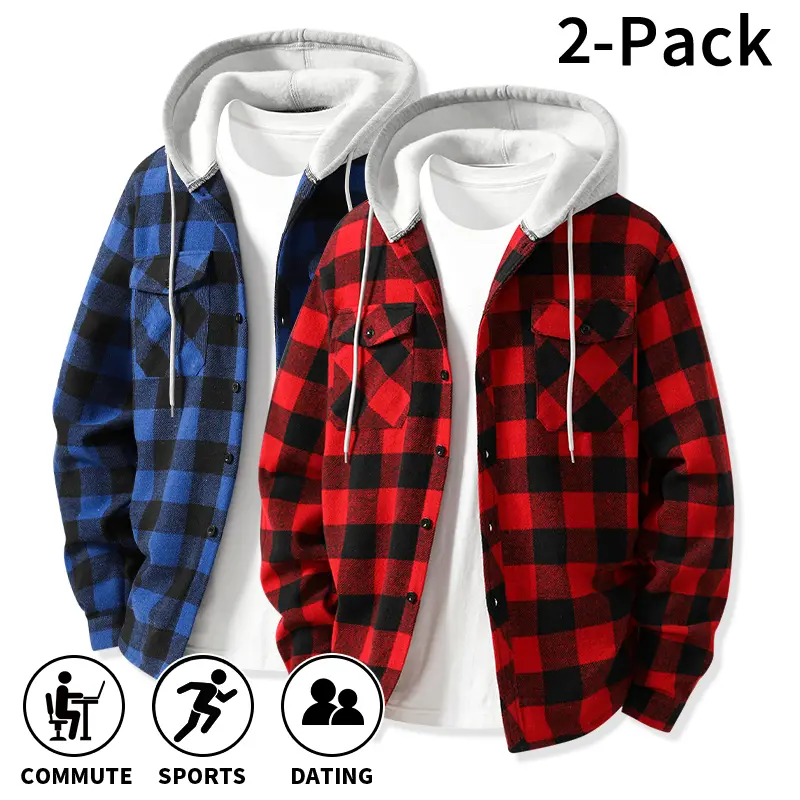 Two-piece multifunctional men’s hooded plaid outfit featuring a soft flannel lapel button-down shirt and a loose fit that conceals body imperfections and suits all body types. A versatile casual cardigan suitable for home, office, commuting, running, outd