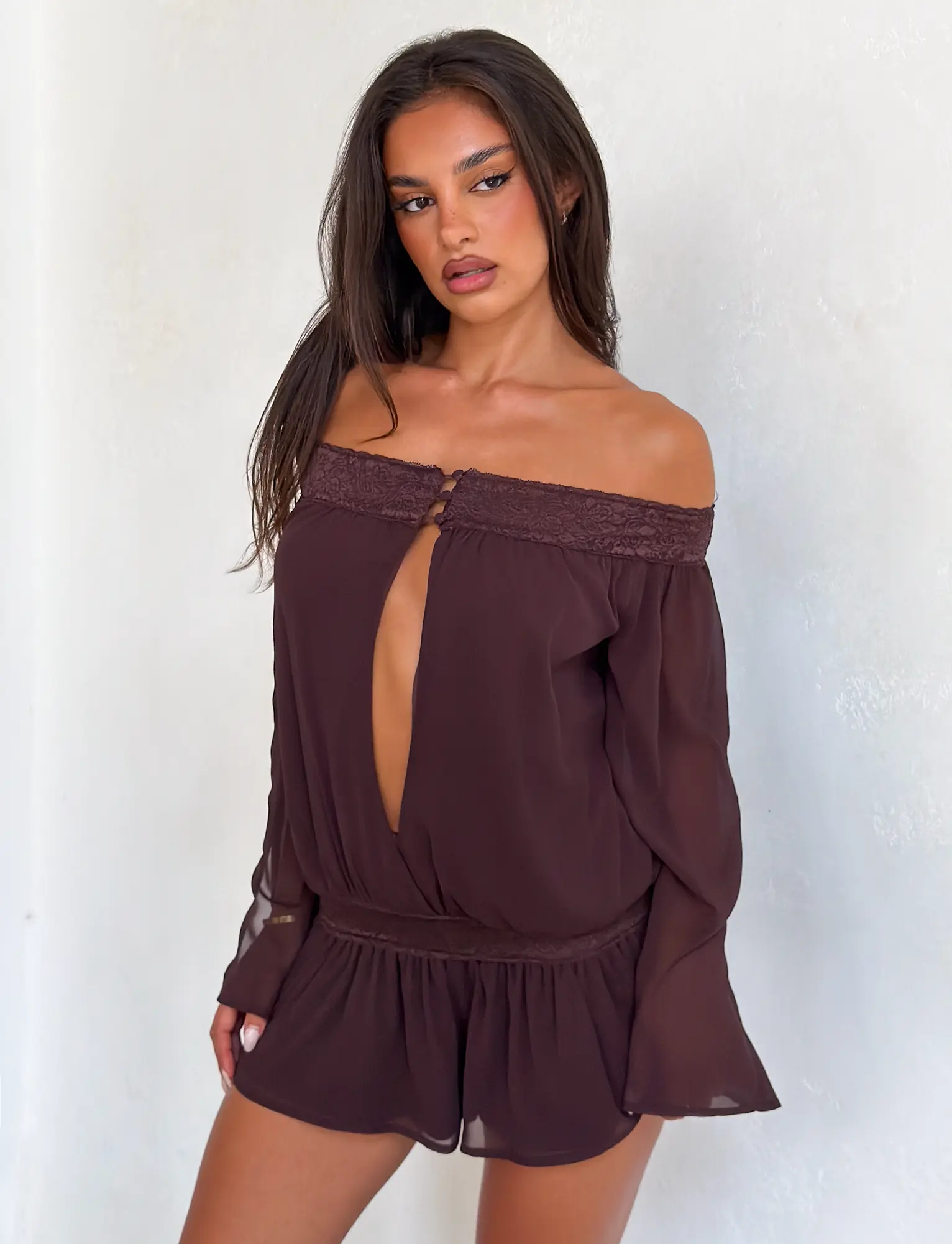 Tiger Mist Women's Tessie Playsuit - Brown Lace Top, Polyester Shorts Garment
