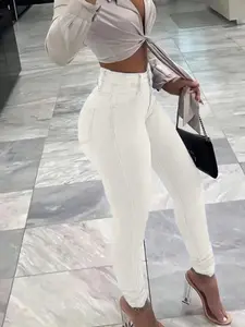 Women's Jeans Mid-Waist Elastic Design, Accentuates Hip Lines, Zipper and Button Front, Stylish Skinny Denim Jeans for Everyday Wear