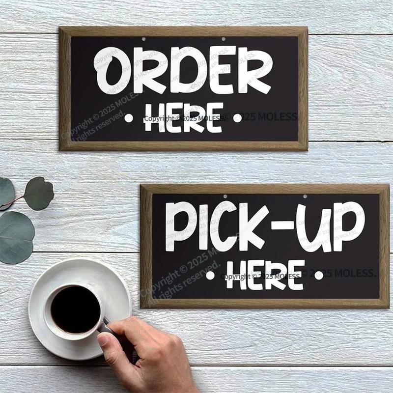 Order and Pick Up Signs - 12x6″ Order Sign for Cafe Bar Restaurant Food Truck, Durable 0.040 Aluminum - Easy to Mount/ 2 Pack Bundle with Rope