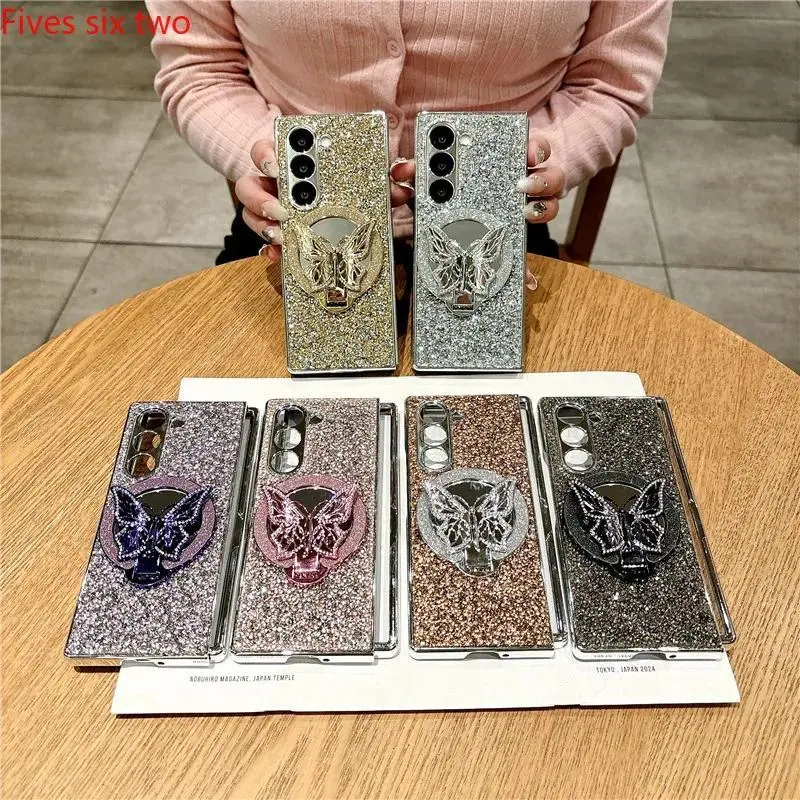 3D Butterfly Glitter Plating Shockproof Phone Case with Mirror Holder, Multi-Model Mobile Phone Accessories for Samsung Galaxy Z Fold 6, 5, 4 (3D Butterfly Mirror Design)