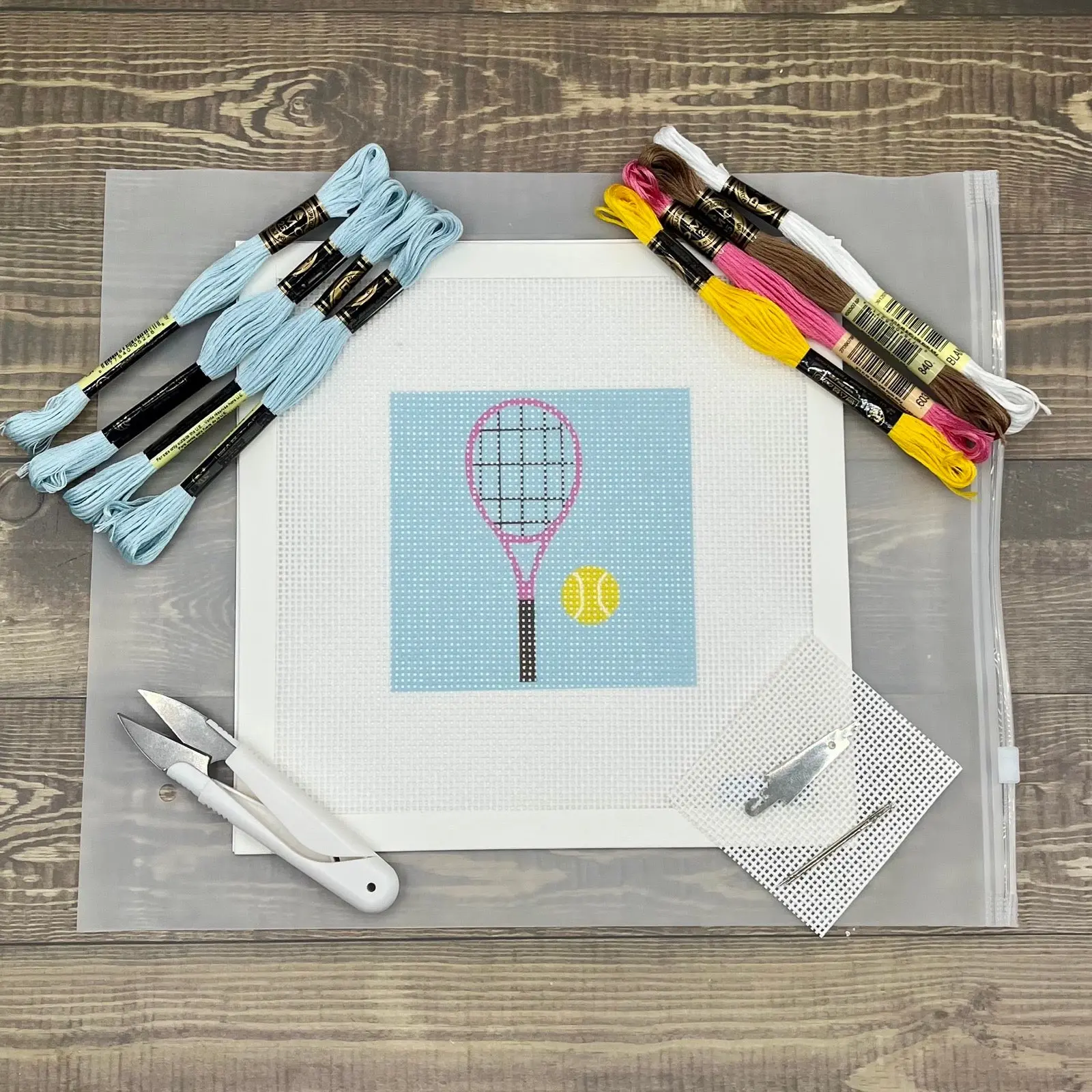 Tennis Racquet Needlepoint Kit (on cyan)