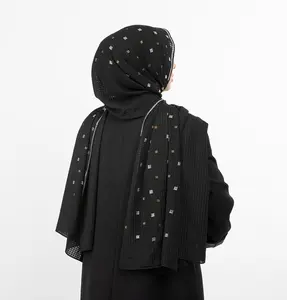 Grid Patterned Chiffon with Rhinestone Shawl Hijab - Black
