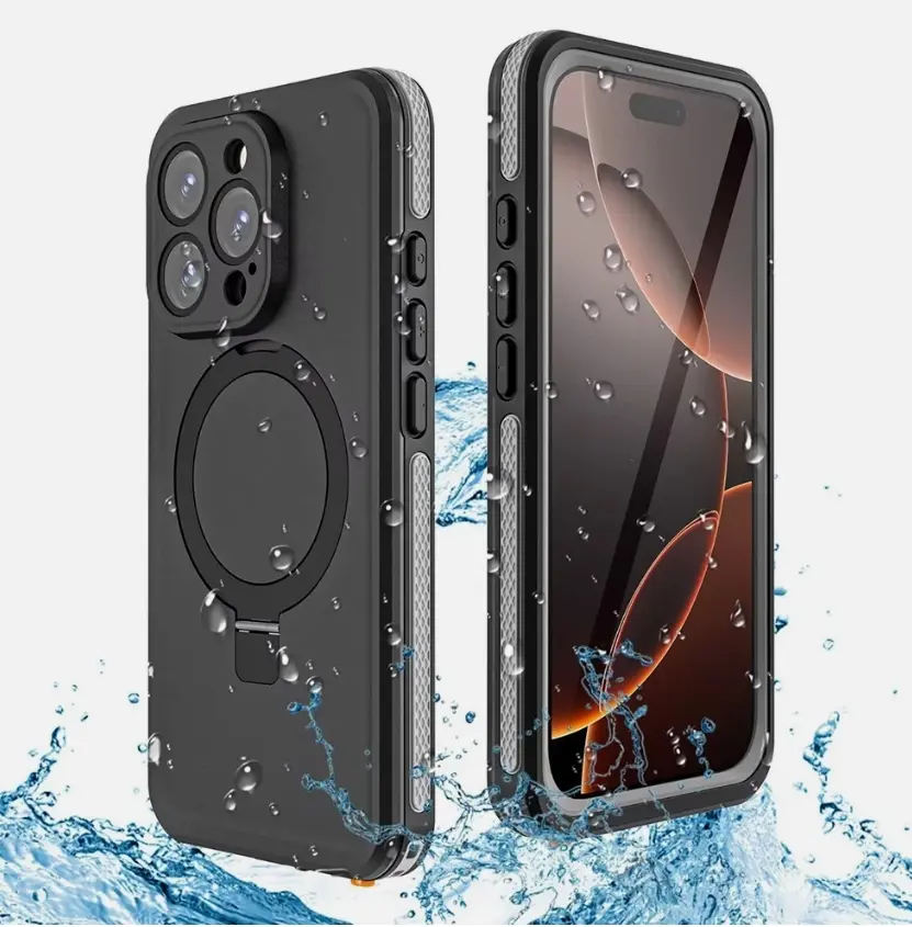 Waterproof Full-Body Protective Phone Case Compatible with iPhone 16, 16 Plus, and 16 Pro Max, featuring built-in MagSafe magnetic functionality and a matching stand design; drop-resistant, sealed phone cover for outdoor travel, beach activities, and comp
