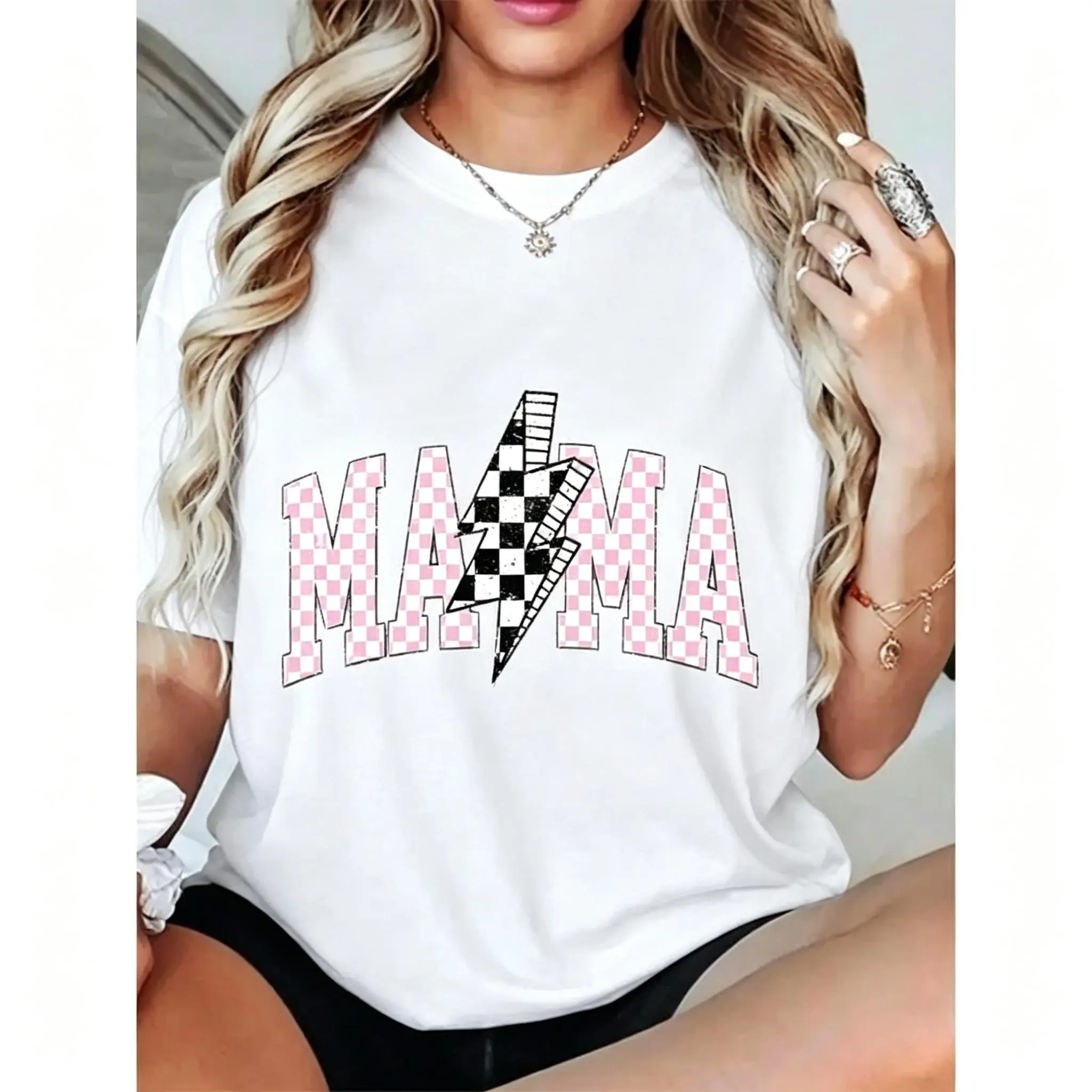 Women's 100% Cotton Crew Neck Short Sleeve T-Shirt - Fitted Unisex Digital Print Mama Checkered Flag Graphic Tee, Mother's Day Gift Casual Attire