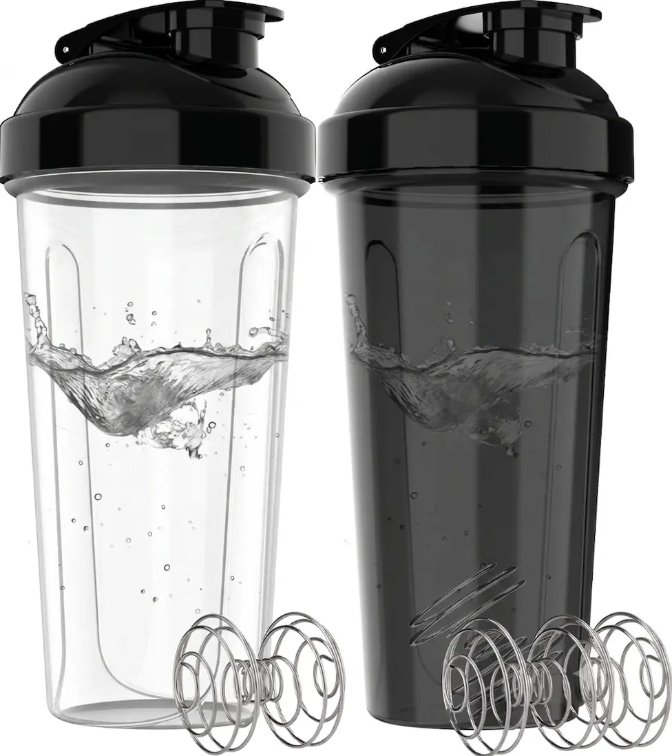 2 Pack- 28 oz Protein Shaker Bottles for Protein Mixes - 2x Wire Whisk | Leak Proof Shaker Cups for Protein Shakes | Protein Shaker Bottle Pack (Black/Transparent)