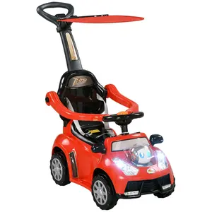 Push Car for Kids 1-3 Years - Red 3 in 1 Sliding Car with Foot to Floor, Removable Handle, Music, Horn, Canopy, Safety Guardrail for Boys and Girls