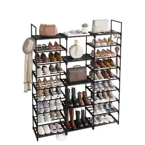 9 Tier Shoe Rack Organizer Stackable Metal Shelf with Hooks for Bedroom Closet Entryway Storage Solution