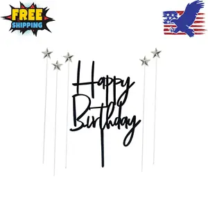 Set of 1 Black Acrylic Happy birthday Cake Topper,5 pcs silvery Star Cake Cupcake Topper(Black 1)
