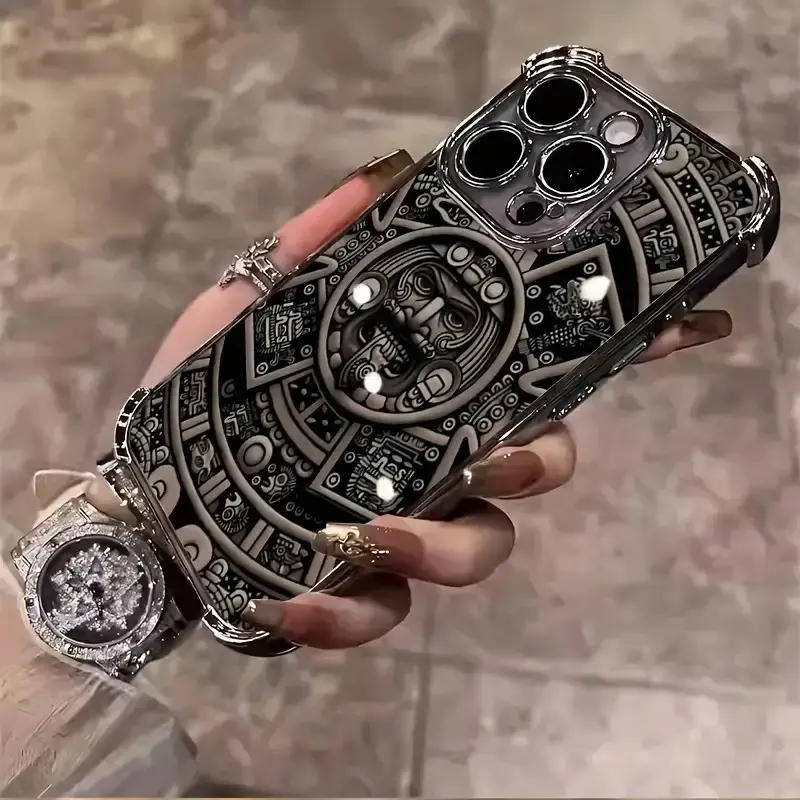 Aztec Calendar Sunstone Detail Electroplated TPU Phone Case for iPhone 16/15/14/13/12 Pro/Plus/Max - Shockproof Cellphone Cover, 4-Corner Anti-Drop, Transparent, Daily Wear-Resistant, Casual Soft Protective Fashion Accessory,Summerwins gift