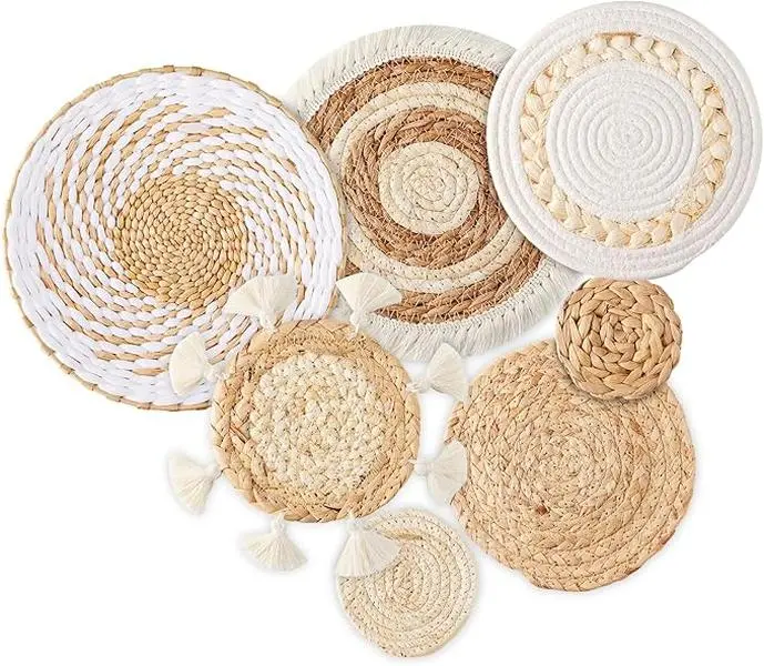 7-Pack Boho Seagrass Rattan Wicker Wall Baskets, Handmade Wall Art Decor for Farmhouse Living Room - Rustic Hanging Display Kit