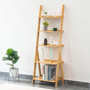 DOUSY 5-Tier Ladder Shelf, Bamboo Ladder Bookshelf Leaning Bookshelf Trapezoid Bookshelf Storage Rack Shelf for Living Room, Kitchen, Bathroom, Home Office, Natural Color
