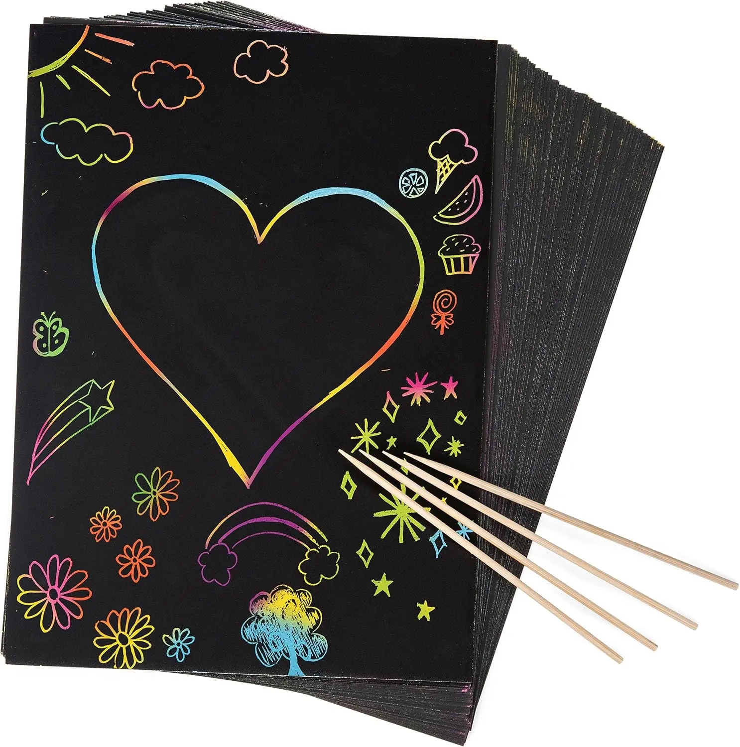 50-Piece Rainbow Scratch Paper with 4 Wooden Styluses - Jumbo Craft Pack for Creative Scratch Art