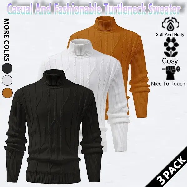 Men's regular textured turtleneck sweater, casual long-sleeved top for autumn and winter, fashionable men's everyday knitwear.