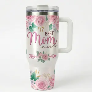 Mother's Day Gift: "Best Mom Ever" 40oz Tumbler with Handle, Pink Floral Aesthetic Insulated Water Bottle, Unique Birthday Surprise for Mom Mama from Daughter Son