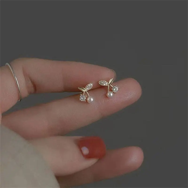 Dainty Pearl Cherry Stud Earrings in 925 Sterling Silver