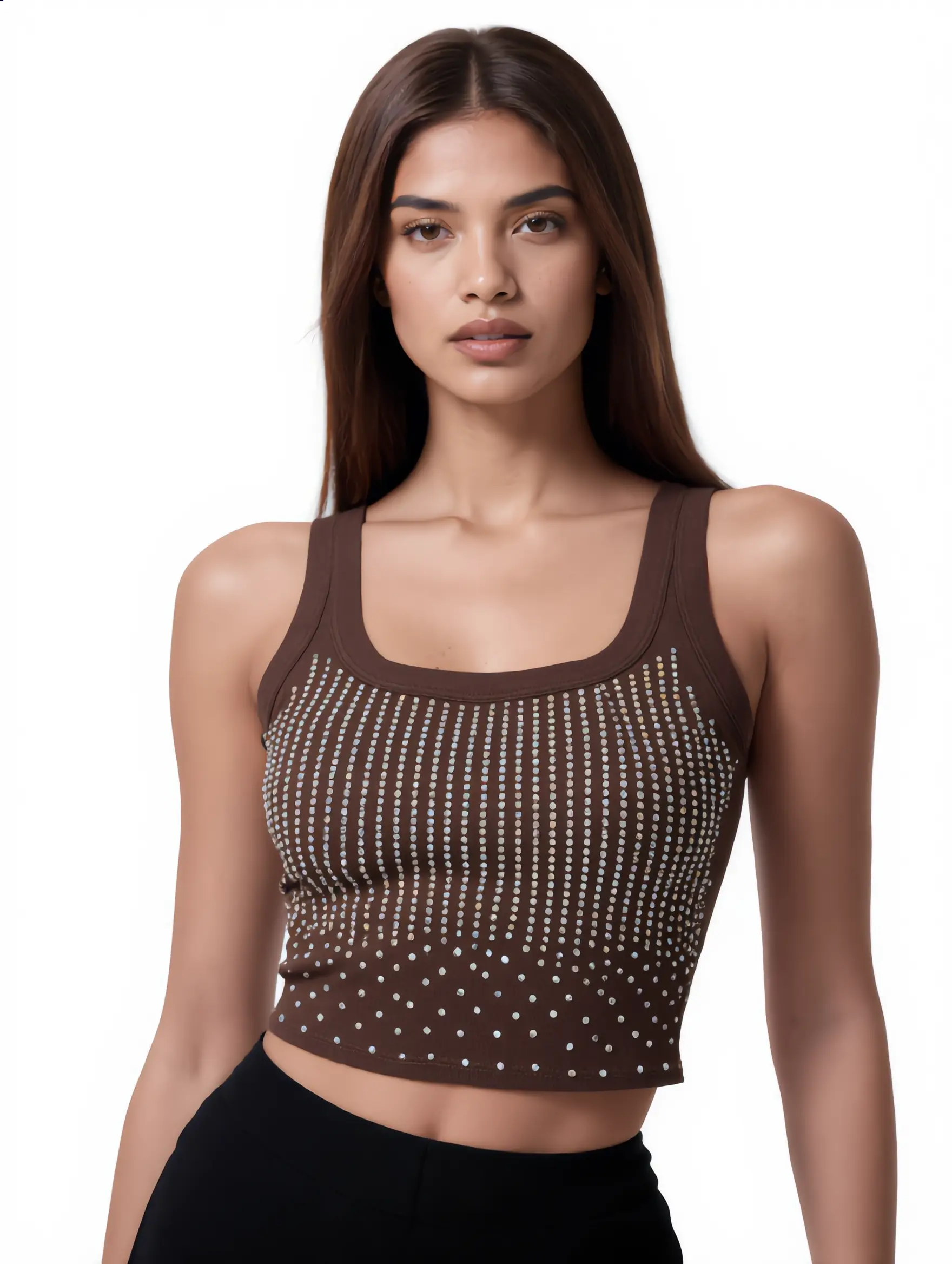 Women's Rhinestone Sequin Metallic Reflective Crop Cut Tank Top - Spaghetti Strap, Slim Fit, Sleeveless Bustier with Built-in Pad, Comfortable Basic Elegant Everyday Black Sparkly Womenswear, Casual, All Season