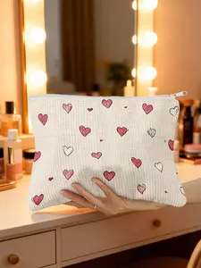 1pc, Small and Portable Valentine's Day Hearts Design Corduroy Makeup Bag, Cosmetic Organizer and Toiletry Pouch with Zipper, Ideal for On-the-Go Women, Fashionable Versatile Purse, Minimalist Purse