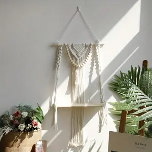 Bohemian Handwoven Wall Shelf, Plant Basket, Fringe Decor, Indoor Plant Display, Farmhouse Wall Decor, Minimalist Hanging Rack, Neutral Tone Art