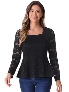 INSPIRE CHIC Lace Tops for Women Square Neck Long Sleeve Stertch Elegant Casual Peplum Blouse Top